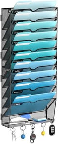 11-Tier Wall File Organizer and Mail Organizer with 5 Hooks, Black by JMHUD