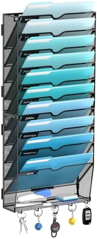 11-Tier Wall File Organizer and Mail Organizer with 5 Hooks, Black by JMHUD