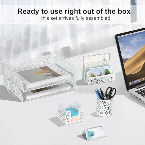 EasyPAG Desk Organizers and Accessories 5 Pieces Office Supplies Set - 2 Tier Paper Tray, Pencil Organizer for Desk, Mail Sorter Countertop, Business Card Holder and Sticky Note Holder, White - Image 4