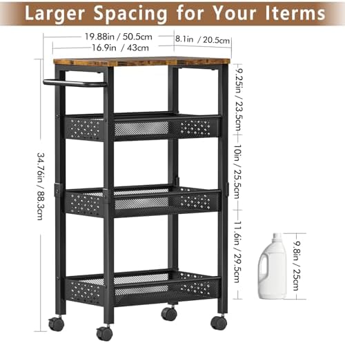 Slim Storage Cart with Wheels,9.1-inch 4 Tier Narrow Storage Cart with Wheels, Metal Kitchen Bathroom Laundry Organizer Shelf with Wood Top and Handle, Black - Image 3