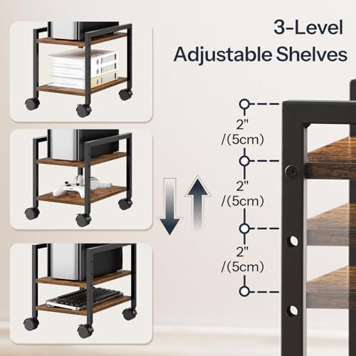 HOOBRO PC Stand, 2-Tier PC Tower Stand Fits Most Computer Towers, CPU Holder for Floor, Height Adjustable, CPU Stand with Wheels Under Desk, for Home Office, Rustic Brown and Black BF11CJ01 - Image 4