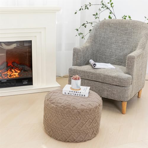 Round Ottoman Foot Stool for Living Room Pouf Footrest,Light Coffee 20x12In - Image 6
