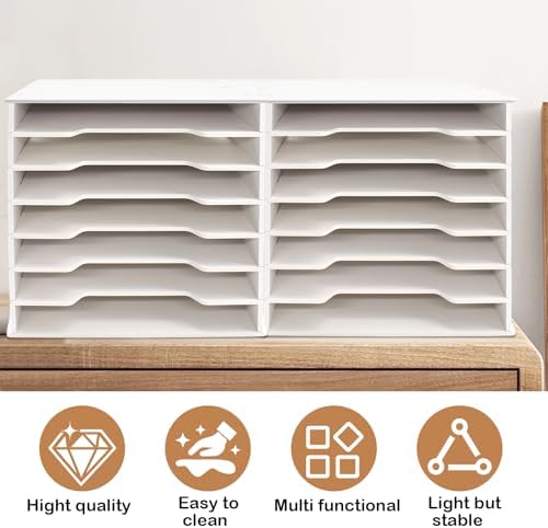 2PCS 7 Tiers 12" x 12" Scrapbook Paper Storage, Cardstock File Organizer with Adjustable Shelves, Construction Paper Organizer, Desktop File for Home Office School Classroom, White Wood Material - Image 5