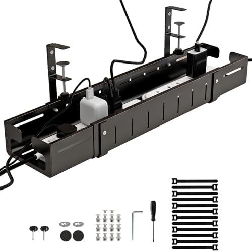 Under Desk Cable Management Tray, Expandable Length 25.2"-38.6",No Drill No Damage to Desk,Cable Tray with Clamp for with Wire Management,for Cord Organizer for Home Office Standing Desk, Black - Image 2