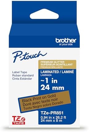 Brother Genuine P-Touch TZe, Black Print on Gold Label Tape (TZePR851), Premium Glitter Laminated,1in x 26.2ft (24mm x 8m) for Select P-Touch Label Makers, Powerful Lamination, for Crafting by Unknown