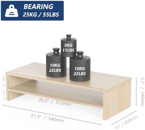 FITUEYES Wooden Monitor Stand Riser, 2-Tier Desk Storage Shelf, Oak - Image 3