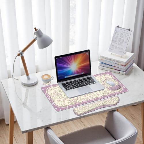 Floral Desk Mat Set Pink Vintage Aesthetic Large Mouse Pad with Wrist Rest 4in1 Desk Mat for Desktop Ergonomic Keyboard Wrist Support Anti-Slip Computer Ergonomic Mouse Pad Home Office Gaming - Image 7