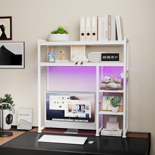 Aetheris Desktop Organizer Shelf, 30" Wooden Office Storage Rack with Outlets, Display Shelf Rack with Light Strip, 5 Tier Desktop Display Rac, Desk Shelf, Desk Hutch for Computer Monitor (White) - Image 4