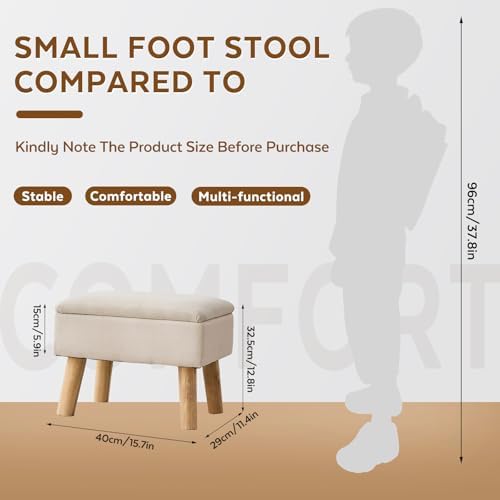 Storage Ottoman, Small Foot Stool Ottoman with Storage, Linen Foot Rest with Wood Legs, Footstool for Living Room, Bedroom, Entryway, Beige - Image 2