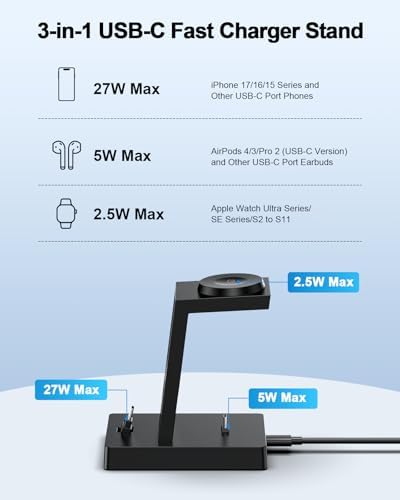 30W Fast 3 in 1 Charging Station for Apple Devices - ADADPU USB C Charger Stand for iPhone 17 16 15 Pro Max Plus & AirPods 4,Wireless Charger Dock Compatible with Apple Watch Ultra/10/9/8/7/6/5/4/3/SE - Image 3