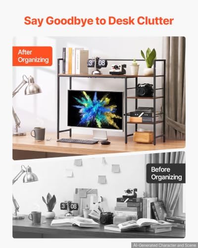 VEVOR Desk Shelf 38.6" W, Desktop Bookshelf Storage Hutch for Computer Monitor, Metal Frame and Wooden Shelf, 4-Tier Desk Display Rack, Multipurpose Desk Organizer Hutch for Dorm, Home, Office - Image 4