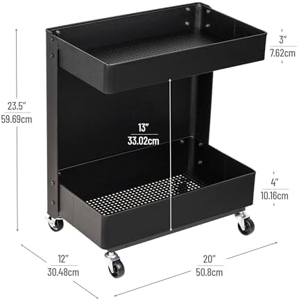 Mind Reader Under Desk Rolling Cart, 2-Tier Steel Utility Organizer, No Assembly Required, 12" L x 20" W x 23.5" H, Black - Image 3
