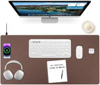 Wireless Charging Mouse Pad Firelison 2 in 1 Leather Multifunctional Office Desk Pad with Non-Slip Rubber Base, Waterproof Desk pad for Computers/Office/Work/Home/Decor（ 32" x 16"Brown - L） by Firelison