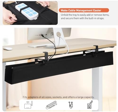 MAXECHO Under Desk Cable Management Tray 48" - Clamp on Wire and Cable Organizer for Storage and to Hide Cords - Ideal for Home Office - Premium Black Fabric Design - Image 4