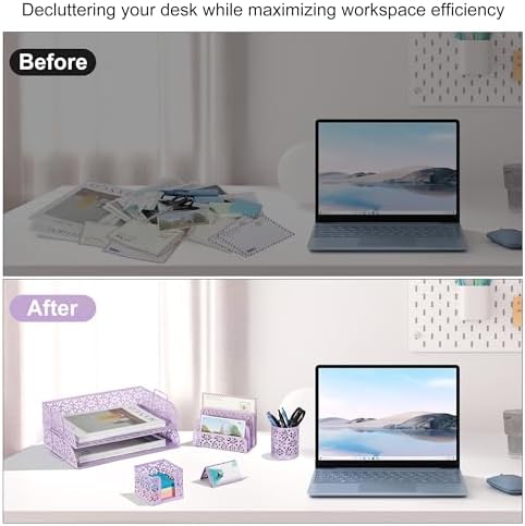 EasyPAG Desk Organizers and Accessories 5 Pieces Office Supplies Set - 2 Tier Paper Tray, Pencil Organizer for Desk, Mail Sorter Countertop, Business Card Holder and Sticky Note Holder, Purple - Image 5