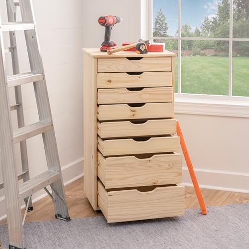 Linon Corinne Unfinished Eight Drawer Wooden Rolling Storage Cart - Image 4