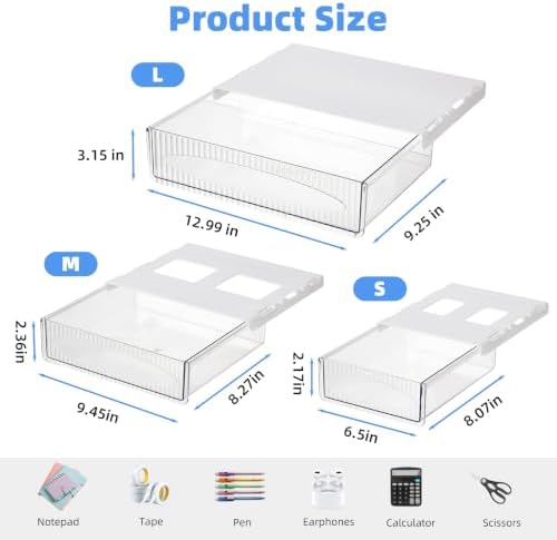 Under Desk Storage Slide Out Drawer Organizer,3 Pack Large & Medium & Small Hidden Under Desk Drawer Multi Space Holder for Pen Earphone Cosmetics Kitchenware Notebook Tape,LMS White - Image 3