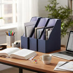 Gueevin Set of 6 Magazine File Holders, Sturdy Cardboard Desk Magazine Organizer with Gold Label Slots, Foldable File Folder Rack for Home Office Classroom Library(Blue) - Image 5