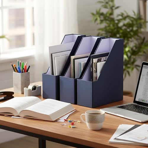 Gueevin Set of 6 Magazine File Holders, Sturdy Cardboard Desk Magazine Organizer with Gold Label Slots, Foldable File Folder Rack for Home Office Classroom Library(Blue) - Image 5