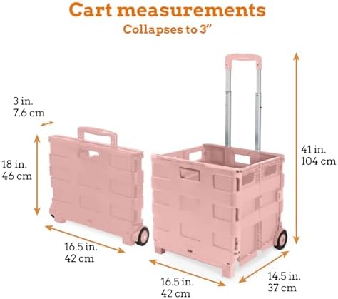 Inspired Living Ultra-Slim Rolling Collapsible Storage Pack-N-Roll Utility-carts, with Telescopic Handle, for Home, Garden, Shopping, Office, School use, Large, Raspberry Pink - Image 2