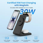 15W Charging Station for iPhone 17: JoyGeek 3-in-1 Fast Wireless & Magnetic Charger for Magsafe, iPhone 17-12, Apple Watch Ultra 2-11 & AirPods 2-4, Includes 30W PD Adapter - Image 2