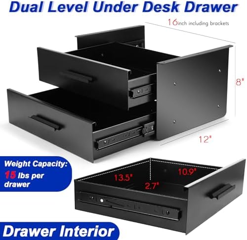 Menkxi 16'' Under Desk Drawer Slide-out Steel Under Counter Drawers Storage Organizer Large Hidden Pull-out Tray for Table Desks Home Office Workstation(Black,2 Layer) - Image 2