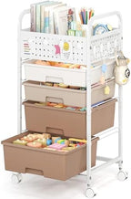 4 Drawer Rolling Storage Cart with Pegboard Top and Hooks, Brown by SYKIARIOL