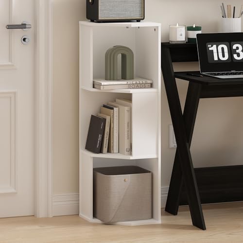 Furinno ECON Corner Shelf, 3-Tier Corner Book Shelf, Standing Storage Shelves, Cube Display Rack, Bookshelf, for Organization and Storage, Living Room, Home Office, Plain White - Image 2