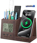 Pen Holder for Desk, Desk Organizer with Wireless Charger, Built in Digital Indoor Thermometer and Humidity Monitor, Multi-Functional Pencil Organizer for Home Office Supplies, Brown by Investme