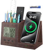 Pen Holder for Desk, Desk Organizer with Wireless Charger, Built in Digital Indoor Thermometer and Humidity Monitor, Multi-Functional Pencil Organizer for Home Office Supplies, Brown by Investme