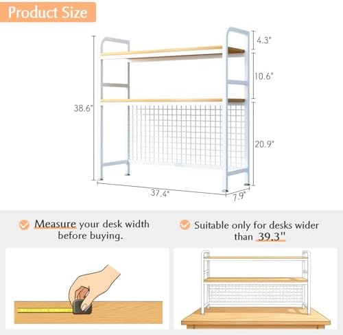 IOTXY 2-Tier Desktop Hutch Bookshelf, Metal Desk Shelf, White, 37.4" W - Image 2