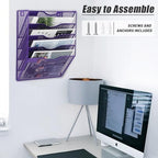 EASEPRES 5 Pocket Mesh Hanging Wall File Organizer, Wall Mounted Mail Paper Document Folder Holder, Clipboard Storage Organization Magazine Rack with Nametag Label for Office Home School, Purple - Image 5