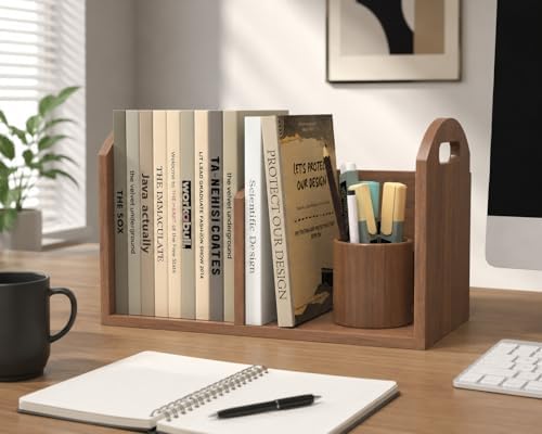 Wood Desktop Bookshelf, Upright Tabletop Book Shelf With Adjustable Divider Secure Books in Place, Desk Shelf for Top of Desk in Living Room Home Office, Perfect for Books Magazine File (Walnut Brown) - Image 4