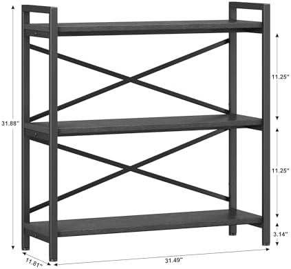 Homeiju 3 Tier Bookshelf 31.49" Width, Wood and Metal Etagere Bookcase, Vintage Farmhouse Modern Wooden Big Book Shelf for Home Living Room Bedroom Office Storage(Grey) - Image 3