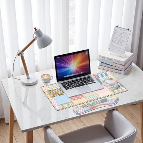 Girlcore Patchwork Desk Mat Set Pink Pastel Plaid Floral Large Mouse Pad with Wrist Rest 4in1 Desk Mat for Desktop Ergonomic Computer Desk Arm Wrist Anti-Slip Computer Mouse Pad Home Office Gaming - Image 7