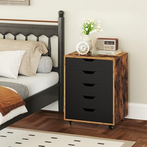 Byroce 5-Drawer Storage Cabinet with Wheels, Mobile Office Cabinet, Coffee - Image 2