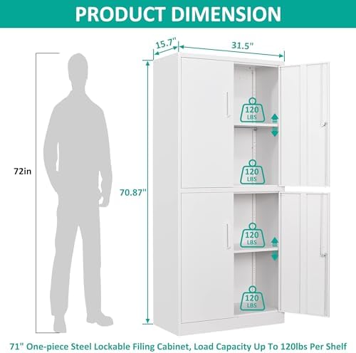 Metal Storage Cabinet with 3 Adjustable Shelves,Garage Storage Cabinet with Lock,White Metal Cabinets with Locking Doors,71" 4 Door Pantry Cabinet,Lockable Cabinets for Home,Office,Garage,Kitchen - Image 3