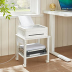 YUFAM 2 Tier Under Desk Printer Stand with Charging Station, White - Image 2