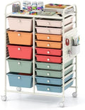 Giantex 15 Drawer Storage Cart, Rolling Craft Cart with Metal Tabletop & Pegboard, Mobile Utility Organizer Trolley with Locking Wheels, Home Office, Classroom, Teacher Supplies, Macaron Multicolor by Giantex