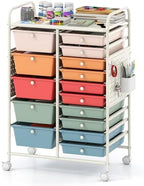 Giantex 15 Drawer Storage Cart, Rolling Craft Cart with Metal Tabletop & Pegboard, Mobile Utility Organizer Trolley with Locking Wheels, Home Office, Classroom, Teacher Supplies, Macaron Multicolor by Giantex