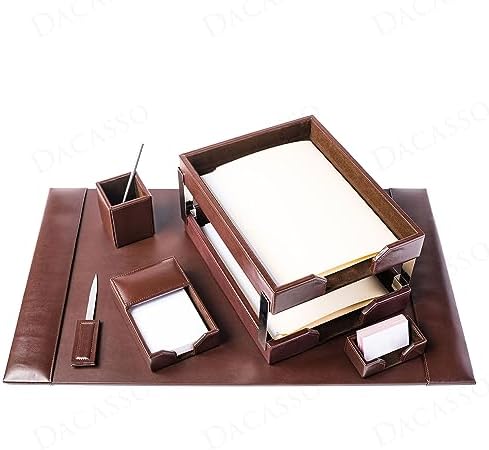 Dacasso Dark Brown Bonded Leather 8-Piece Desk Accessory Set - Organization Essentials & Executive Decor - Luxury Leather Blotter for Office Organization by Dacasso