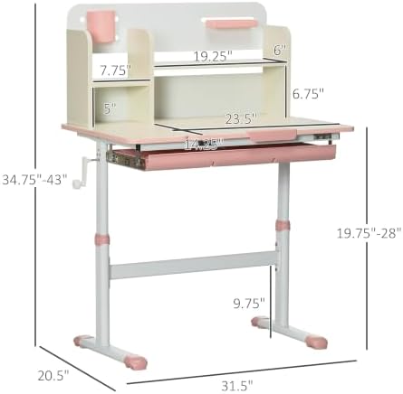 Qaba Wooden Kids Study Desk Height Adjustable Tilt Desktop Drawer Pink - Image 3