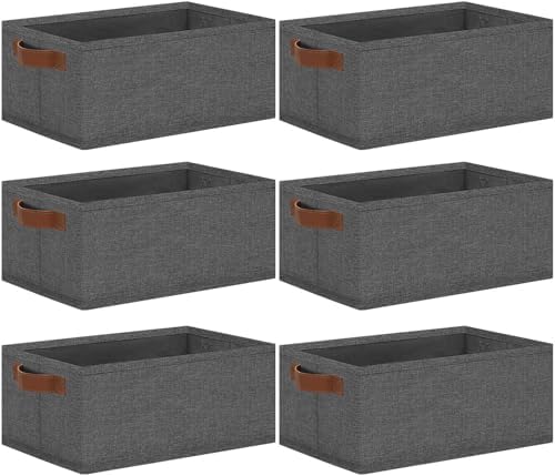 GhvyenntteS Small Fabric Storage Bins 6 Pack, 11.8" x 7.87" x 5.11" Storage Basket with Leather Handles, Closet Storage Bins for Shelves, Storage Baskets for Shelves, DVD Storage (Grey) by GhvyenntteS