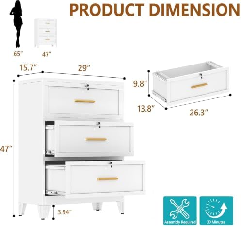 3 Drawer File Cabinet with Lock, Small Filing Cabinet for Home Office - Image 3