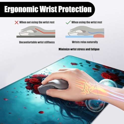 Mouse Pad,Large Desk Mat Set, 4in1 XL Mousepad + Keyboard Wrist Rest+Mouse Wrist Rest+Coaster with Ergonomic Desk Pad for Home Office Table Computer Cover -Woman with Skull Face - Image 5
