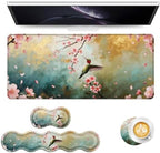 Keyboard Mouse Pad Set, Extended Gaming Mouse Pad+Ergonomics Keyboard Wrist Rest Support, Memory Foam, Easy Typing Pain Relief, 4Pcs XL Ultra Thick Desk Mat,Hummingbird Pink Flower by Vobber