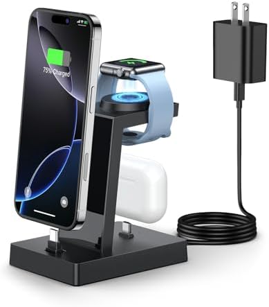 30W Fast 3 in 1 Charging Station for Apple Devices - ADADPU USB C Charger Stand for iPhone 17 16 15 Pro Max Plus & AirPods 4,Wireless Charger Dock Compatible with Apple Watch Ultra/10/9/8/7/6/5/4/3/SE by ADADPU