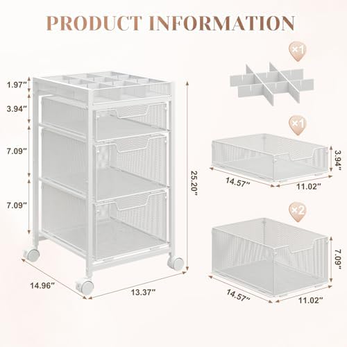 Rolling Utility Cart with 3 Drawers, Craft Organizer and Storage with DIY Divider, Lockable Wheels, Multi-Functional Storage for Art Supplies, Store for Brushes & Paints & Artifacts,White - Image 6