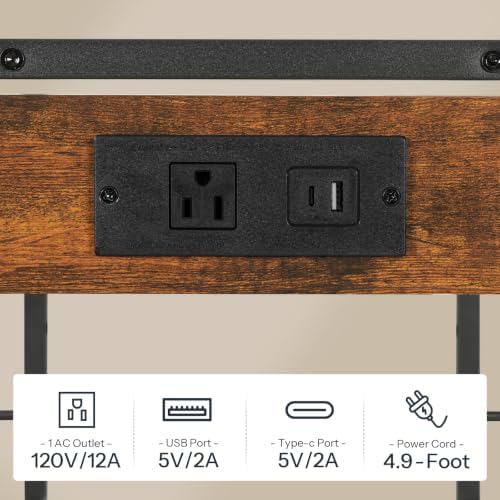 HOOBRO Industrial Printer Stand, 2-Tier Mobile Printer Table, Rolling Cart with Power Outlets and USB Ports, Home Printer Stand with 2 Hooks, for Office, Living Room, Rustic Brown BF32UPS01 - Image 5