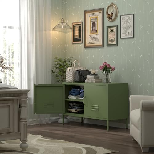 IRONFFICE Metal Storage Cabinet,Metal Cabinet with Doors and Adjustable Shelf,TV Stand with Storage,Morden TV Cabinet for Bedroom,Living Room,Avocado Green - Image 2